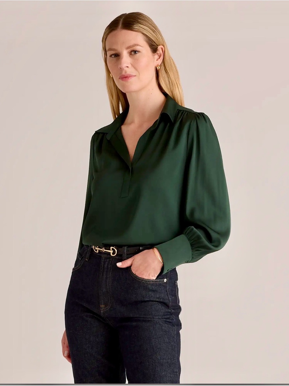 Quince Green Long-sleeve Silk Blouse